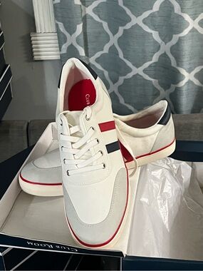Club Room Men’s White Sneakers with Red and Black Stripes